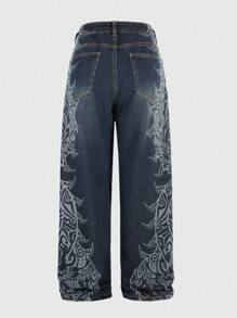 ROMWE Grunge Punk Y2K 街头服饰 宽松藤蔓印花女式牛仔裤 - 藍色 - 查看 1