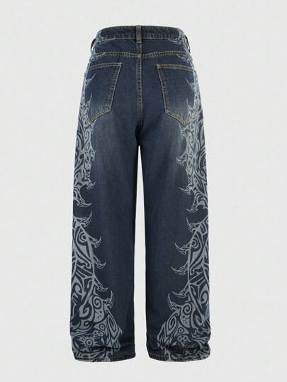 Grunge Punk Jeans da donna con stampa a viticci, stile Y2K, vestibilità ampia