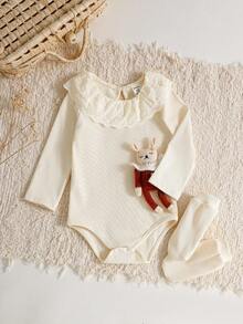 SHEIN Baby Girls' Minimalist Embroidered Lace Trim Knit Bodysuit - Apricot - View 3