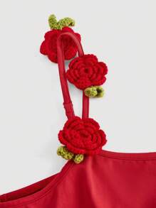 SHEIN MOD 大码女式复古红色3D花卉装饰吊带背心 - 紅色 - 查看 5