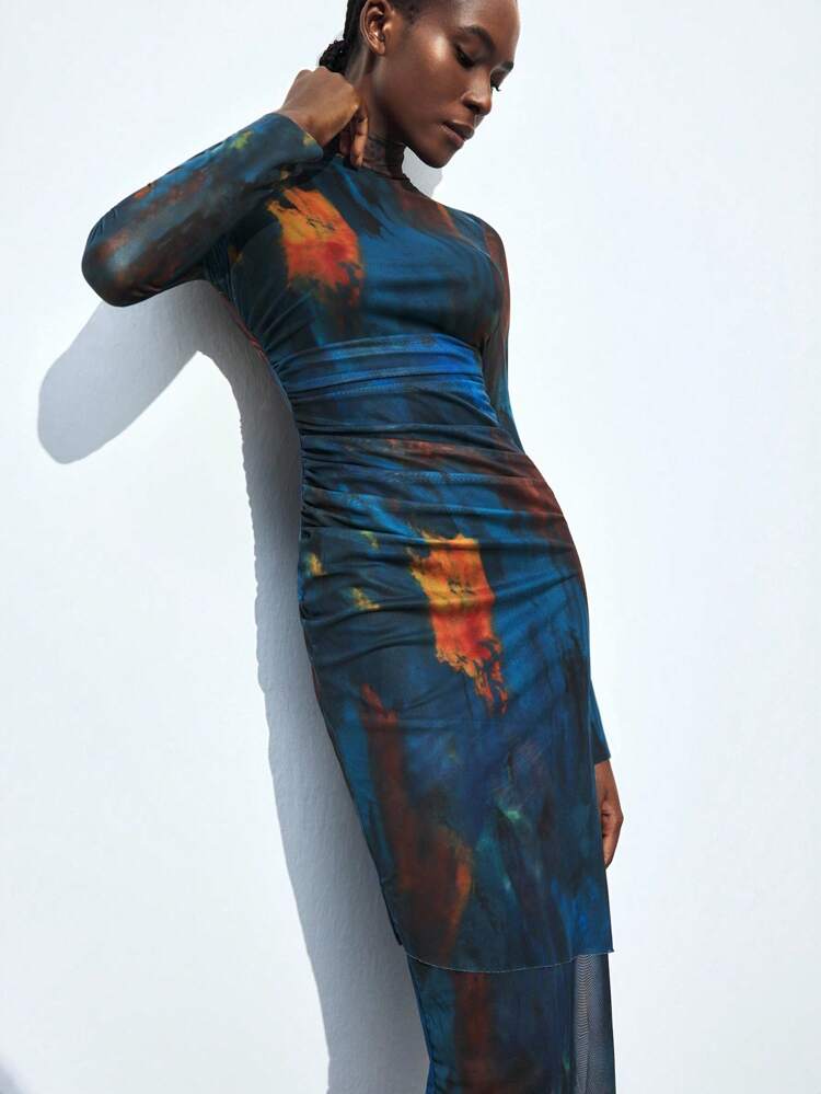 SHEIN Maija 2026 Spring & Summer Elegant Blue Tie-Dye Print Collar Backless Fitted Long Dress, Fashionable Design, Suitable For Parties, Dates, Business, Casual Wear, Office, Low-Key Vintage Vibe, High-Quality Urban Commute, Magazine Editor Same Style, Urban Social Vacation Party Outfit, Charming Women Long Dress,