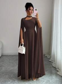 Elenzga 女士优雅法式浪漫度假风沙滩裙，雪纺透明面料，镂空领口，后背交叉系带，喇叭长裙，长袖，开衩袖口，适合下午茶、派对、中东风格、春夏季 - 棕色 - 查看 3