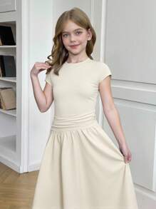 SHEIN Vestido largo asimétrico de línea A con cintura ceñida, de manga corta, ajustado, de cuello alto y color beige sólido, elegante y sencillo para uso diario casual de niñas preadolescentes, primavera/verano