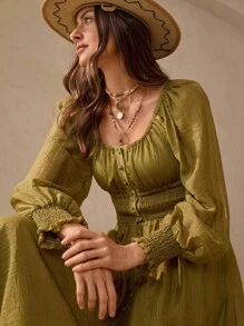 Wildy Rochie casual cu mânecă lungă, stil american rustic, culoare verde salvie, mâneci evazate - Verde - Vizualizare 1