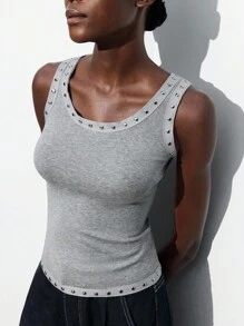 Maija Áo tank top hai dây màu xám mùa thu, chất liệu vải gân, ôm sát, kiểu dáng casual, thiết kế thời trang, đa năng, phong cách đường phố, hở vai, áo crop top dễ phối đồ, phong cách Y2K, Halloween, dự tiệc mùa thu dành cho nữ. - Xám - Xem 5