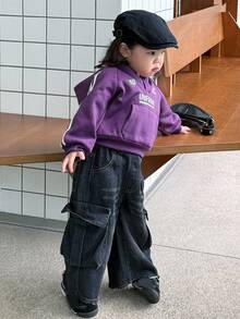 DAZY Toddler Girls' Spring/Autumn Hooded Artistic Letter Print Long Sleeve Sweatshirt, Korean Style - Purple - View 4