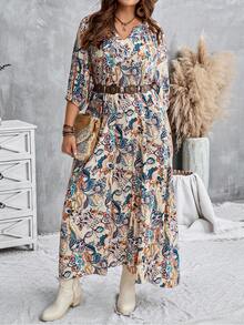 EMERY ROSE Plus Size Casual Vacation All-Over Print Notched Neck Dress Autumn, Fall Women's Dress Plus Size Boho Dress Plus Size Paisley Dress - Apricot - View 3