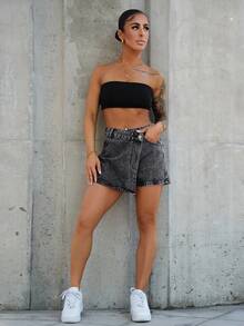 SAYEHFBABY Falda pantalón de mezclilla sencilla y casual de unicolor para mujer - Gris Oscuro - Ver 6