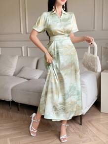 DAZY Vestido de verano de longitud media con estampado de mármol elegante para mujer - Albaricoque - Ver 5