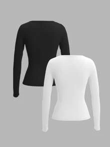 SHEIN EZwear 2pcs Pony Pattern Knitted Long Sleeve T-Shirt For Women, Suitable For Spring, Autumn & Winter,Fall Clothes For Women,Fall Tops - Multicolor - View 2