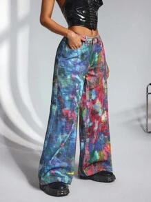 SHEIN CURVE+ Plus Size Colorful Print Casual Denim Jeans - Multicolor - View 3