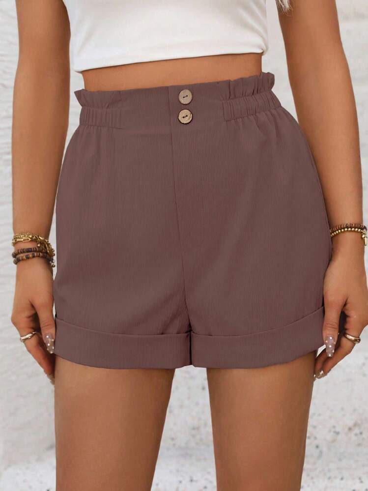 Breezaya Women's Solid Color Frill Waist Rolled Hem Casual Loose Shorts - Coffee Brown - View 6
