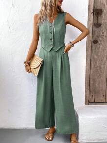 SHEIN PETITE 2 件女士休闲通勤单排扣背心和阔腿裤套装，夏季 - 綠色 - 查看 1