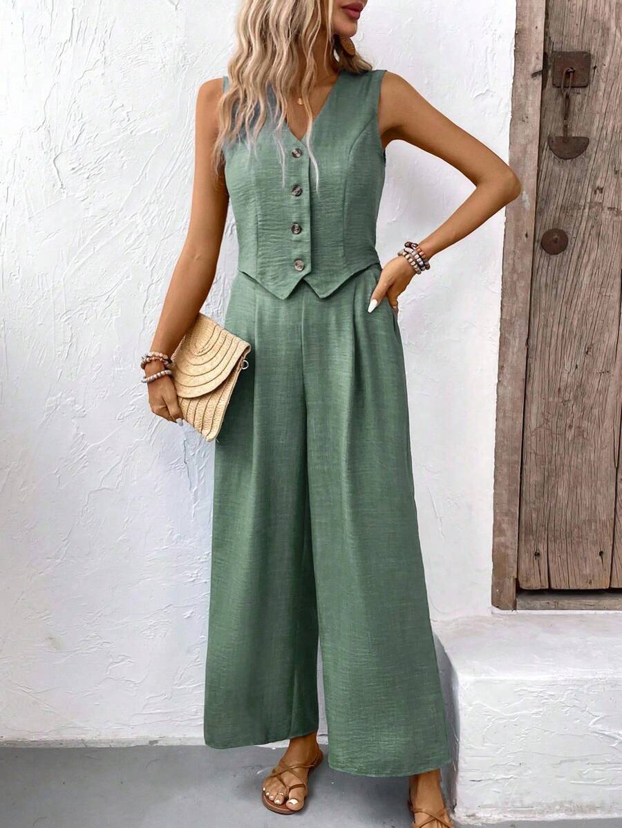 SHEIN PETITE 2 件女士休闲通勤单排扣背心和阔腿裤套装，夏季 - 綠色 - 查看 1
