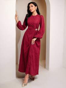Veilorie Women's Round Neck Lantern Sleeve Waist Metal Flower Decor Elegant Dress - Burgundy - View 3