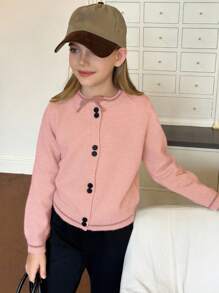 Dazy Kids 秋季女童休闲纽扣长袖开衫 - 粉色 - 查看 4