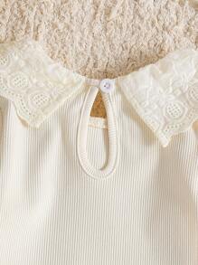 SHEIN Baby Girls' Minimalist Embroidered Lace Trim Knit Bodysuit - Apricot - View 5