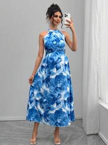 Momance Váy bầu họa tiết hoa buộc eo hai dây - Màu xanh nhạt - Xem 1