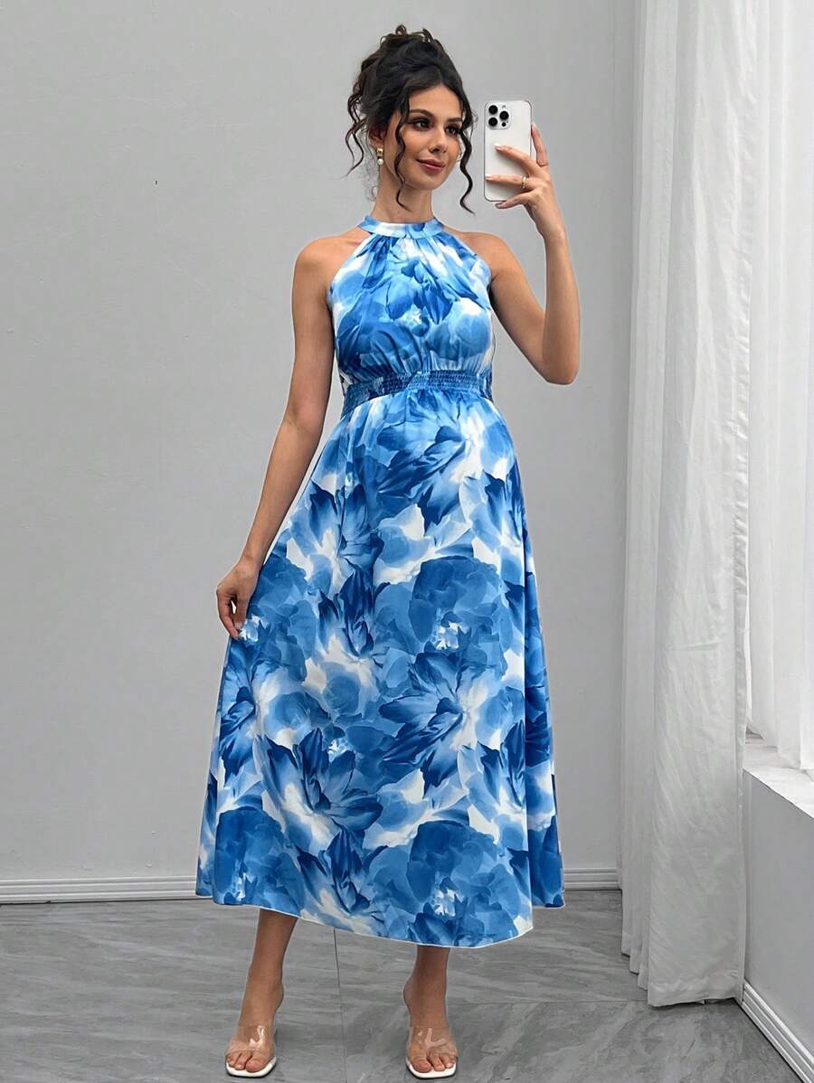 Momance Váy bầu họa tiết hoa buộc eo hai dây - Màu xanh nhạt - Xem 1