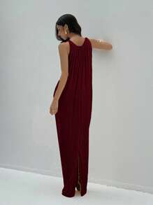 Aloruh 女式纯色褶皱圆领镂空无袖连衣裙 - 酒紅色 - 查看 3