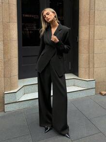 Aloruh Women's Basic Lapel NeckLong Sleeve Jacket And Pants Suit, Commuting & Daily Wear In Fall/Winter - Black - View 3