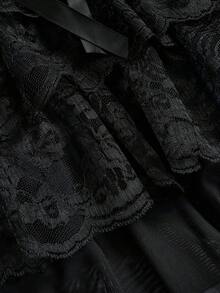 ROMWE Goth 哥特式复古宫廷风格撞色蕾丝花边十字架吊坠女式天鹅绒挂脖连衣裙，节日版 - 軍綠色 - 查看 4