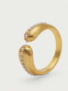 Opalesca 1颗珍珠/珍珠母贝纹理金属/18k金珠开口戒指，可爱、休闲、工作、奢华、婚礼、节日、度假、露营、Y2K/送给妈妈/女士/女孩/秋季/冬季/节日/假日/度假/老钱/万圣节，送给妈妈/女士/女孩/母亲，秋季/冬季，服装，老钱，高级，珍珠，优雅，仙女风/仙子 - 金黃色 - 查看 6