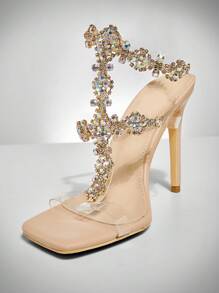 SHUZIA Rhinestone Ankle Strap Open Toe Heels For Christmas - Champagne - View 6