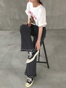 FRIFUL Pantalones casuales rectos y sueltos con cintura elástica, cordón y decoración de pespunte en contraste, versátiles para el otoño - Gris - Ver 2