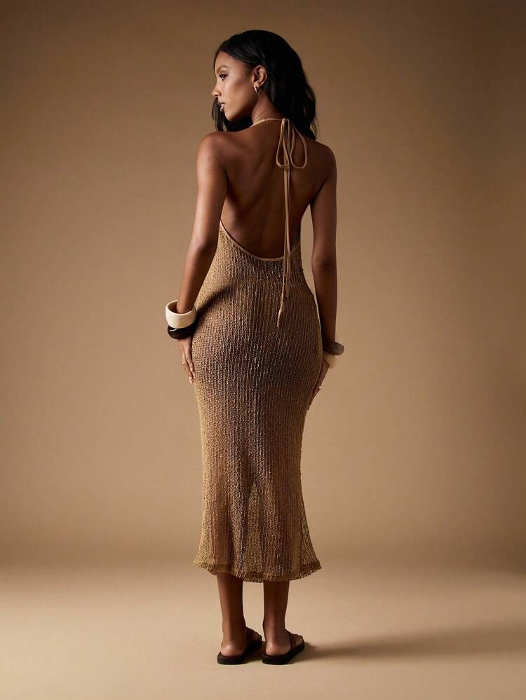 MISSGUIDED Metallic Knitted Starfish Embellished Halter Neck Midaxi Beach Dress Evening Party Special Occasion Resort Wear Summer Holiday Cruise