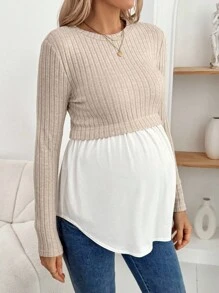 SHEIN Koszulka damska w ciąży z okrągłym dekoltem i długim rękawem, w kontrastowym kolorze, prążkowana, casualowa