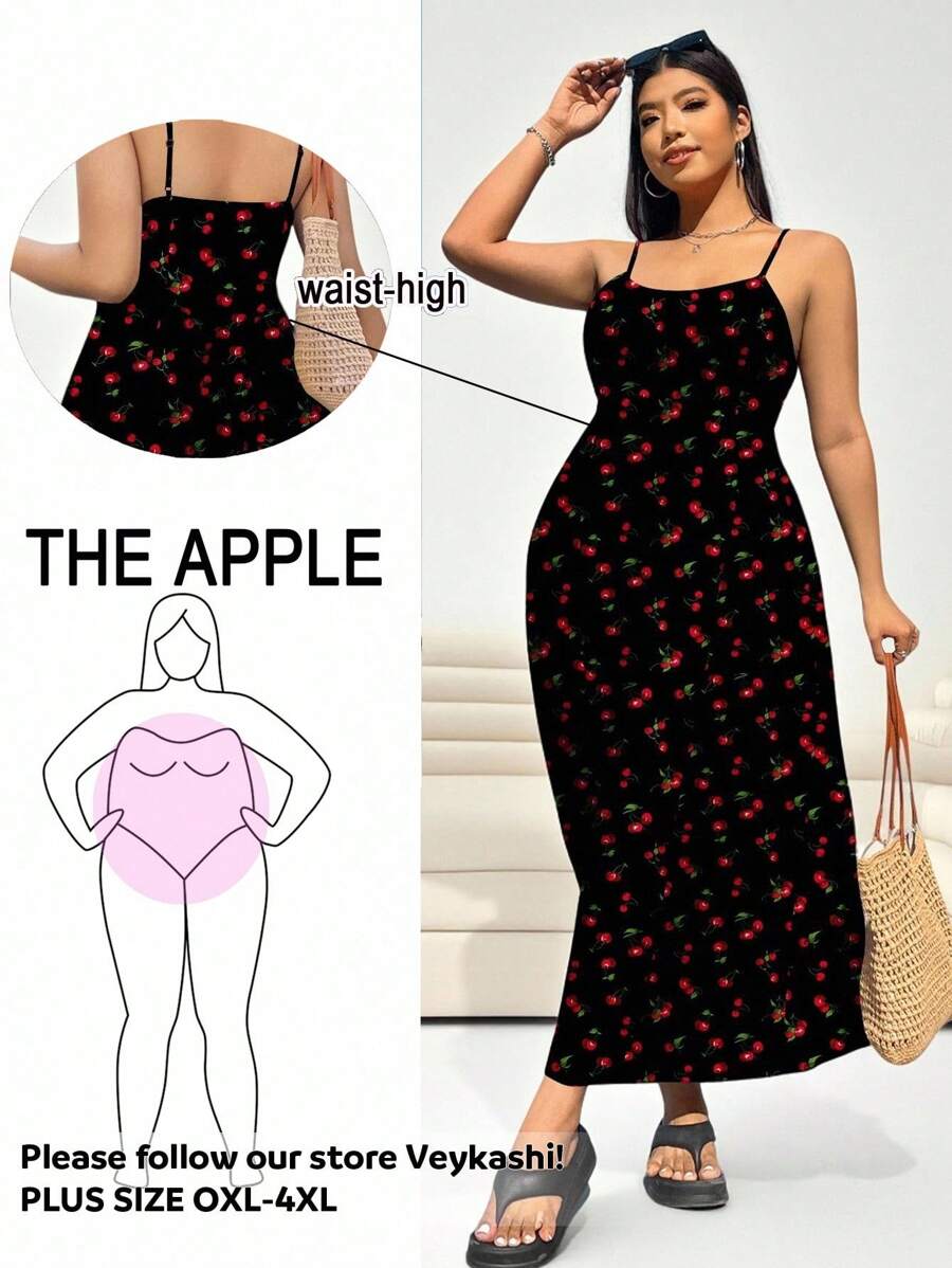 SHEIN EZwear Váy chữ A không tay hở lưng in họa tiết quả anh đào có dây buộc ở eo, eo có thể điều chỉnh, khóa kéo ẩn, váy mùa hè đa năng thường ngày cho người ngoại cỡ - Nhiều màu - Xem 1