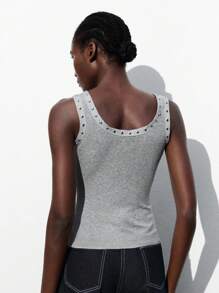 Maija Áo tank top hai dây màu xám mùa thu, chất liệu vải gân, ôm sát, kiểu dáng casual, thiết kế thời trang, đa năng, phong cách đường phố, hở vai, áo crop top dễ phối đồ, phong cách Y2K, Halloween, dự tiệc mùa thu dành cho nữ. - Xám - Xem 3