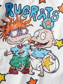 Nick 90s | SHEIN Baby Boy Cartoon Cute Cartoon Figure Graphic & Colorful Star Print Blue & White Contrast Long Sleeve Jumpsuit, Suitable For Autumn/Winter Fall