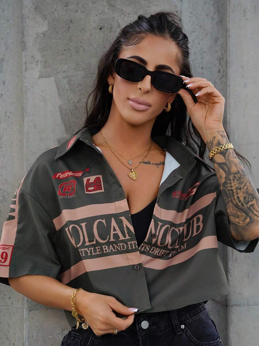 SAYEHFBABY 女士 Ricing 返校节运动图案短款宽松绿色衬衫、短袖上衣 - 軍綠色 - 查看 1