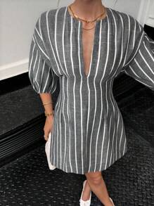 Siren Gaze 商务休闲女士外出装教师装女士腰部A字蓝色条纹连衣裙女士休闲通勤条纹束腰迷你连衣裙