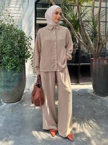 DAZY 两件套女士休闲宽松衬衫和阔腿裤套装，款式端庄时尚 - 杏色 - 查看 1