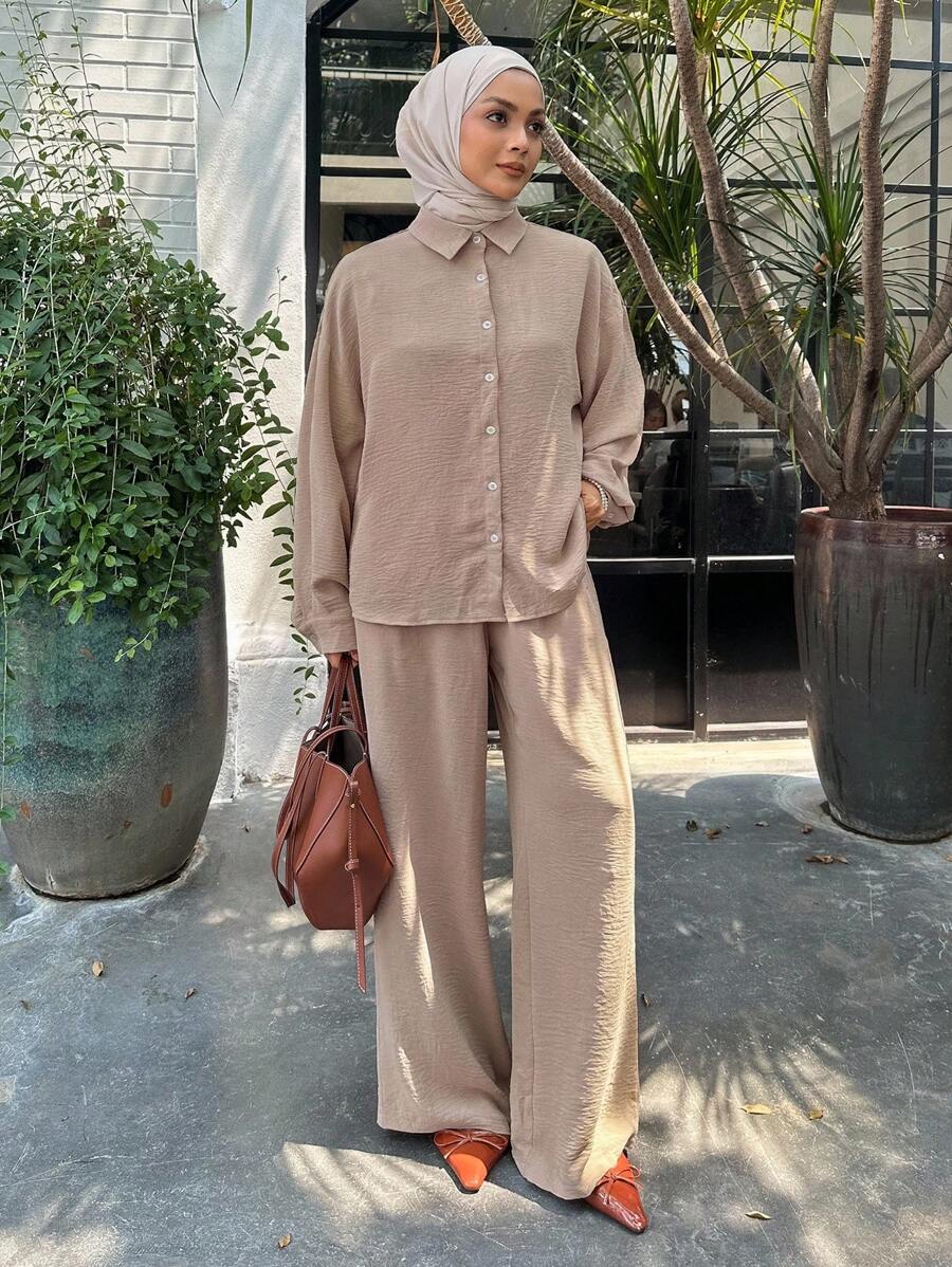 DAZY 两件套女士休闲宽松衬衫和阔腿裤套装，款式端庄时尚 - 杏色 - 查看 1