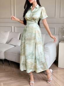 DAZY Vestido de verano de longitud media con estampado de mármol elegante para mujer - Albaricoque - Ver 3