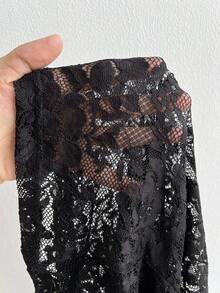 NU&NOW 大码女式短袖时尚性感镂空蕾丝T恤 - 黑色 - 查看 7