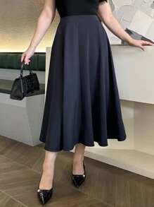 Dazy Plus 大码女式优雅A字长款休闲裙，纯色，四季秋季裙子 - 寶藍色 - 查看 5