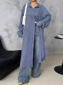 SHEIN LUNE Long Textured Casual Office Shirt Fall Cloth For Women - Dusty Blue - View 5