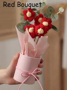1 套手工编织羊毛人造花束，织物编织假花，包括桶和 6 朵钩针花，适合送给妈妈、妻子、闺蜜朋友、女朋友、母亲节情人节礼物、婚礼纪念品和节日派对家居餐桌装饰礼物