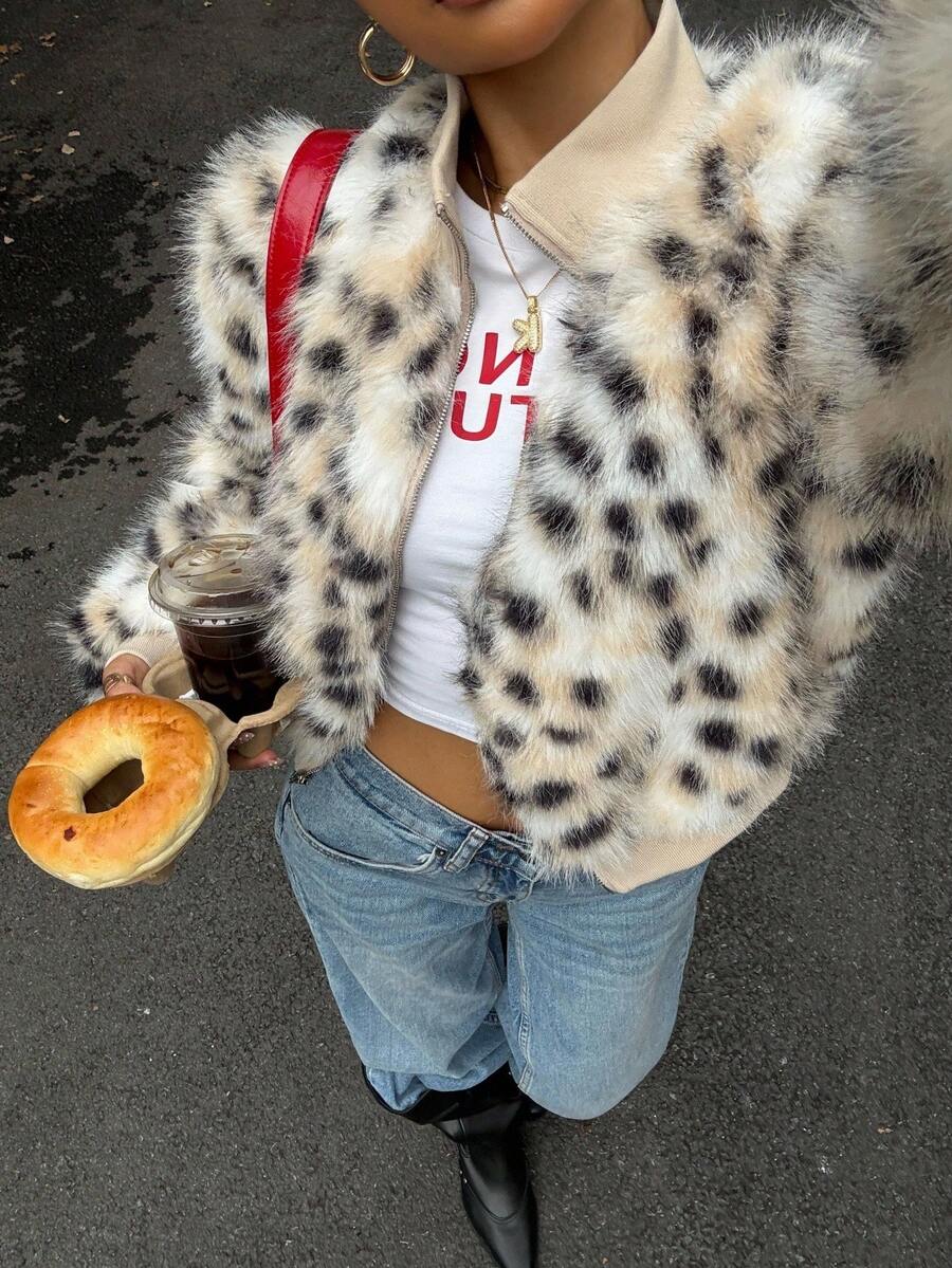 Muchica 女式豹纹立领仿皮草大衣，秋冬，动物印花 Y2k 大衣，秋季 - 卡其色 - 查看 1