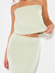 KIZN 鼠尾草绿缎面套装，晚宴派对无肩带抹胸露脐上衣搭配长裙，优雅婚礼宾客场合，春夏正式场合。 - 綠色 - 查看 4