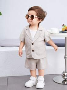 Chaqueta de manga corta simple unicolor estilo coreano casual para niño y niña con cuello de traje y cintura elástica, pantalones cortos unicolor a juego adecuados para verano - Multicolor - Ver 6