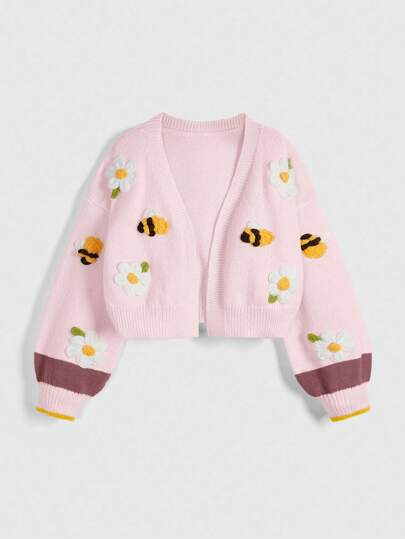Fairycore Cute Countryside Contrast Color 3D Flower & Bee Embroidery Lantern Sleeve Cardigan Sweater