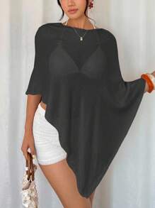 Breezaya 女士休闲纯色针织不对称设计宽松薄款毛衣，春夏秋冬蝙蝠袖不对称上衣