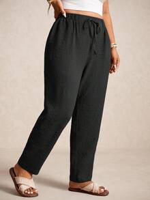 Elaquor 大码女式纯色腰带口袋锥形休闲裤 - 黑色 - 查看 4