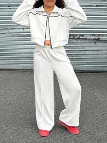SHEIN Explorewe 2 件 Tween Girl ME 秋冬套装，宽松休闲街头插肩色块高领拉链连帽衫和阔腿裤，适合休闲、通勤、街头风格、聚会 - 白色 - 查看 1